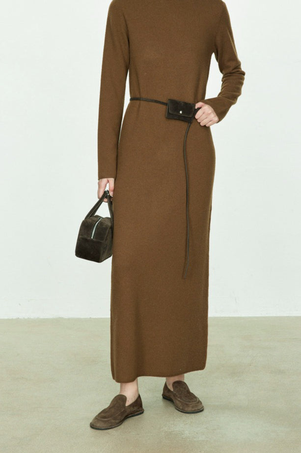 Turtleneck Long Sleeve Column Belted Knit Maxi Dress