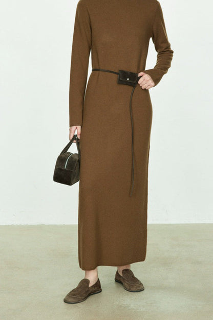 Turtleneck Long Sleeve Column Belted Knit Maxi Dress