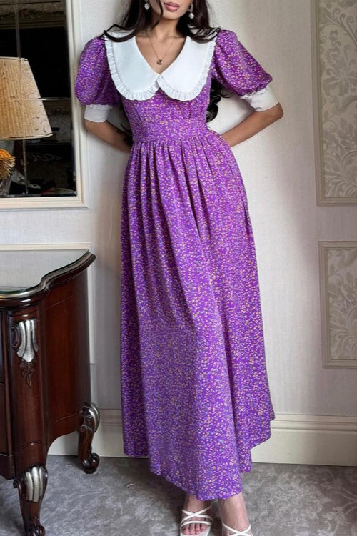 Ditsy Floral Peter Pan Collar Puff Sleeve Tie Waist Maxi Dress
