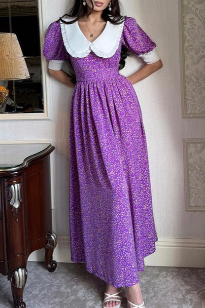 Ditsy Floral Peter Pan Collar Puff Sleeve Tie Waist Maxi Dress