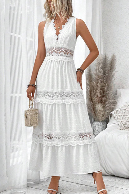Swiss Dot Lace Inset Scoop Neck Sleeveless Tiered Maxi Dress
