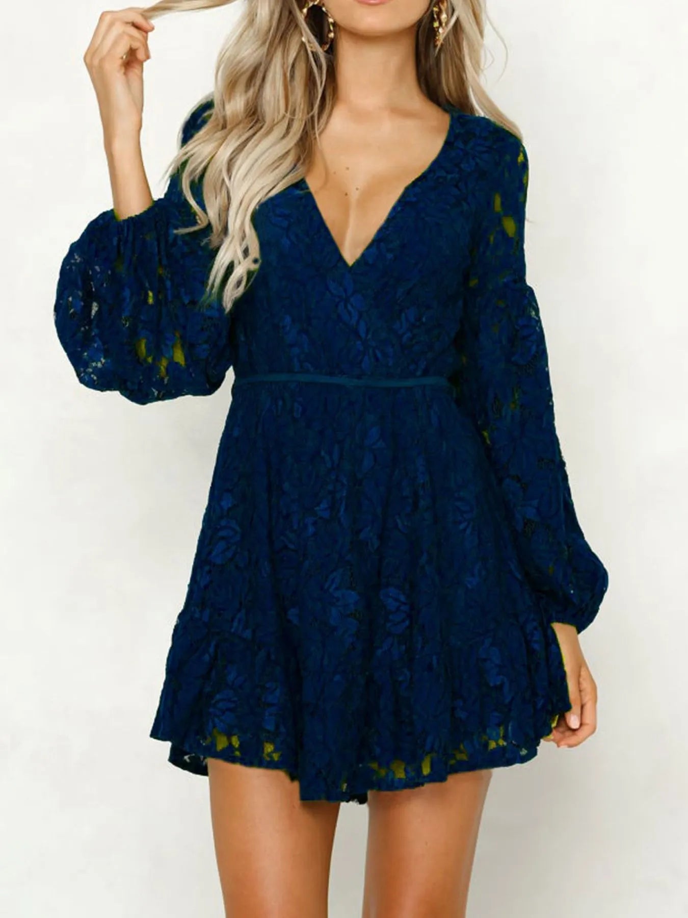 Floral Lace Deep V-Neck Balloon Sleeve Fit and Flare Mini Dress