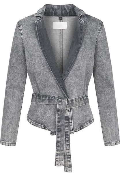 Casual Meetup Denim Stand Neck Long Sleeve Belted Loose Jacket