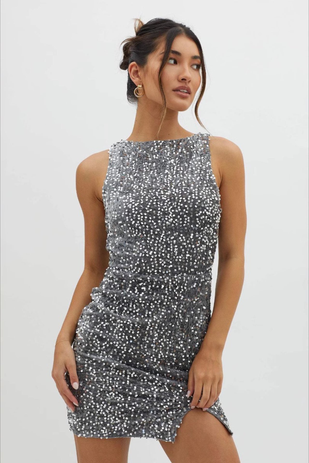 Boat Neck Sleeveless Sequin Side Slit Bodycon Mini Dress