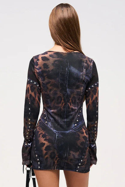 Sexy Fitted Crew Neck Printed Long-Sleeve Bodycon Dress