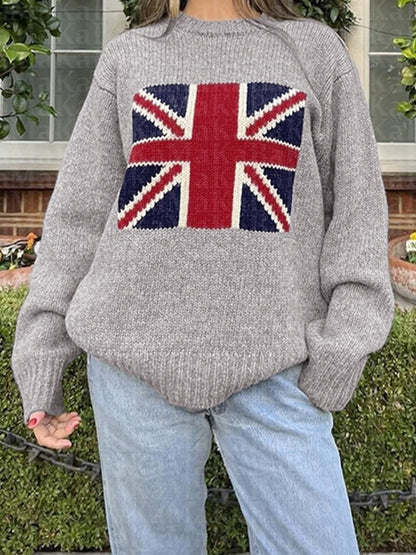 Flag Jacquard Crew Neck Pullover Sweater