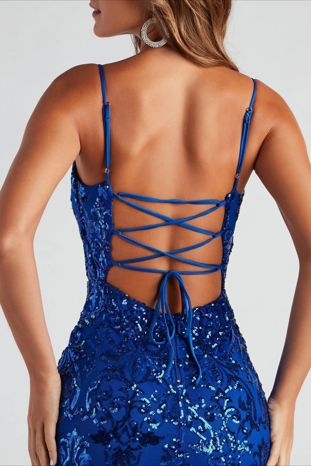 Square Neck Spaghetti Strap Damask Sequin Bodycon Mini Dress