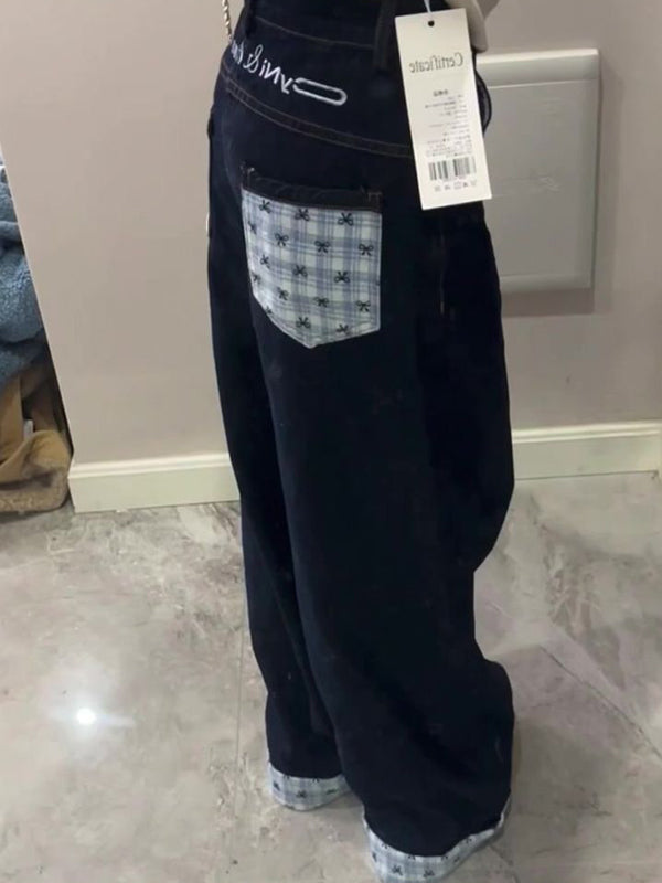 American Retro Bow Grid Boyfriend Jeans