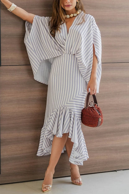 Tierra Striped V-neck Batwing Sleeve Loose Shirt and High Waist Irregular Fishtail Hem Midi Skirt Set