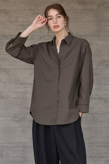 White High-Density Cotton Long-Sleeve Collared Blouse