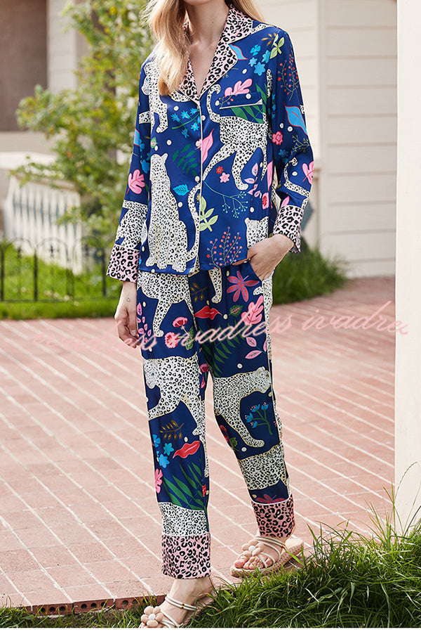 Blue Snow Leopard Printed Home Long Sleeve Two Piece Set