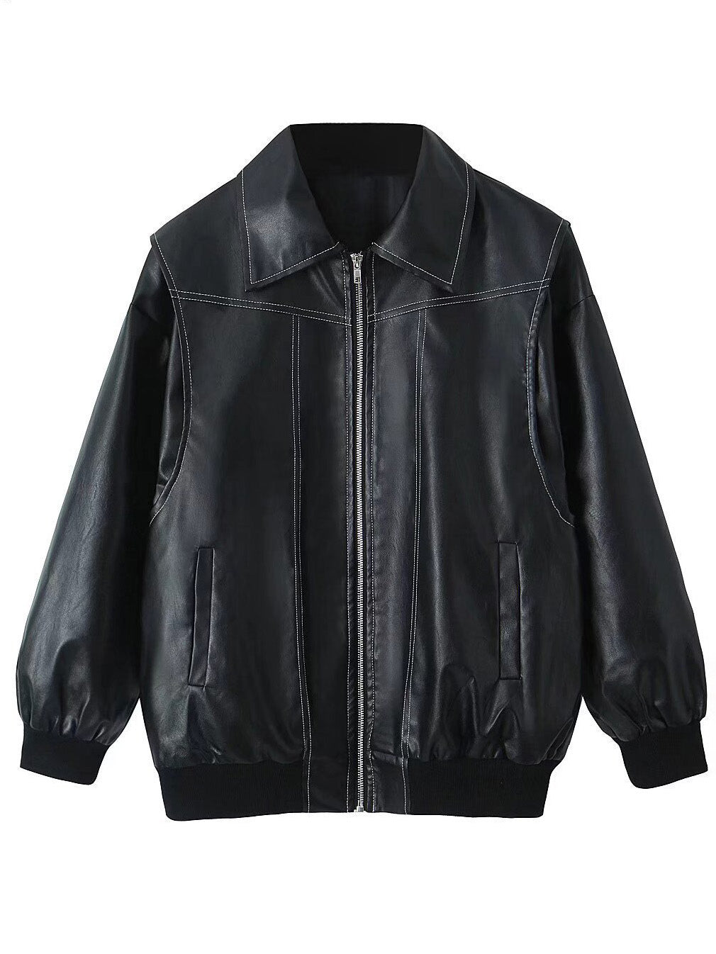 Red PU Leather Jacket Collared Long Sleeves Zipper Daily Casual Jackets