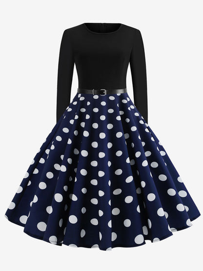Vintage Polka Dot Swing Dress for Women - 1950s Rockabilly Long Sleeve Belted A-Line Midi Dress - Spring Retro Party 2026