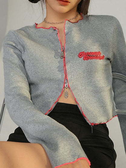 Contrast Color Embroidery Fungus Zip Long Sleeve Knit