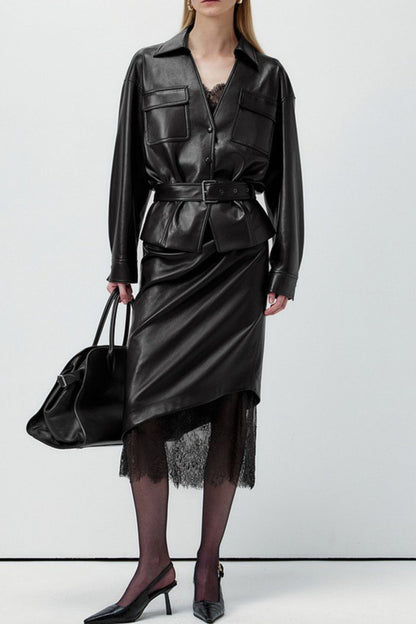 Elegant Lace Trim Leather Skirt