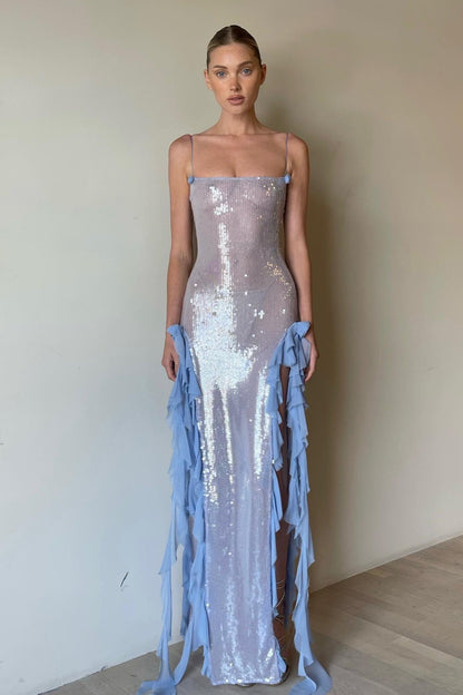 | Sequin Sheer Ruffle Maxi Dress