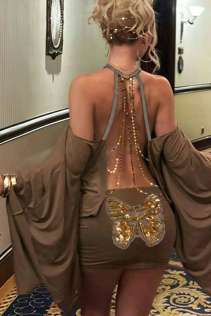 Backless Chain Bodycon Batwing Sleeve Mini Dress