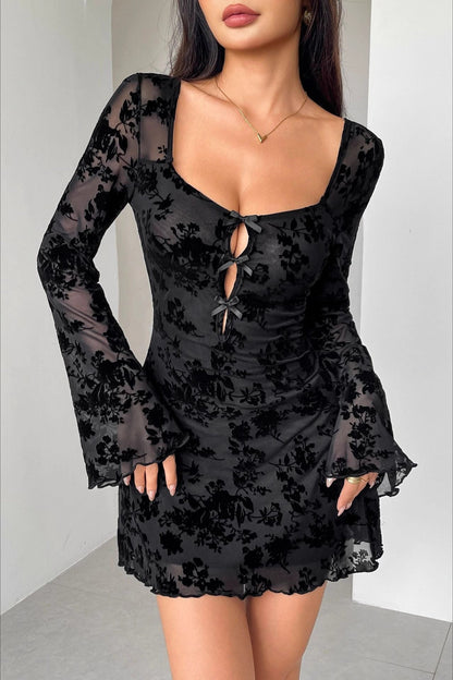 Flocked Floral Mesh Bell Sleeve Keyhole Bow Front Bodycon Mini Dress