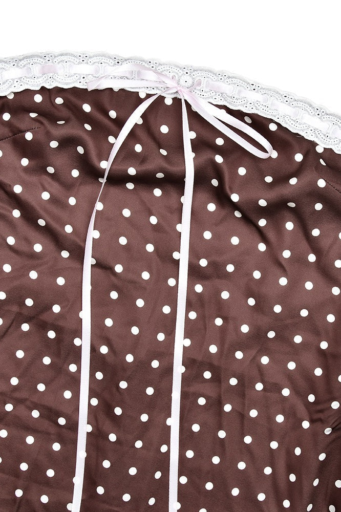 Satin Polka Dot Lace Trim Strapless Tie Bow Slip Midi Dress
