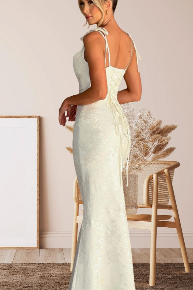 Tie-Shoulder Jacquard Floral Mermaid Maxi Formal Gown