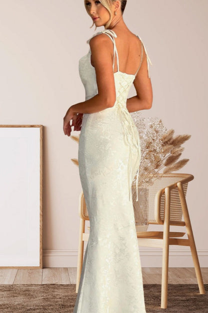Tie-Shoulder Jacquard Floral Mermaid Maxi Formal Gown