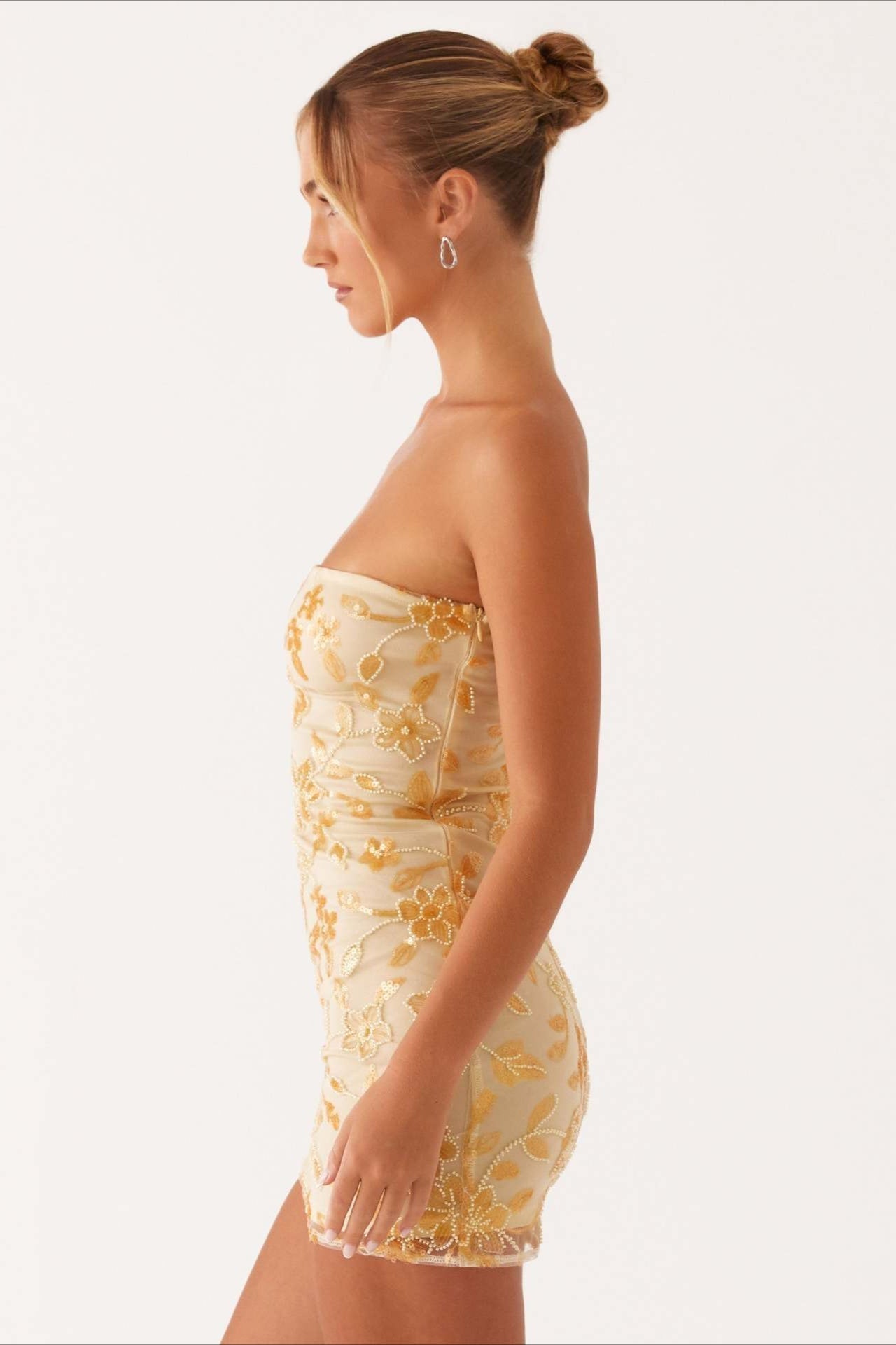 Strapless Floral Embroidered Sequin Mesh Ruched Bodycon Mini Dress