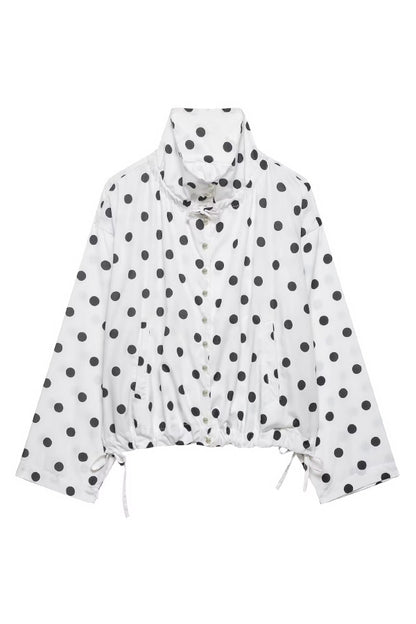 Polka Dot Print Loose Stand Collar Button Bow Tie Casual Long-sleeved Jacket