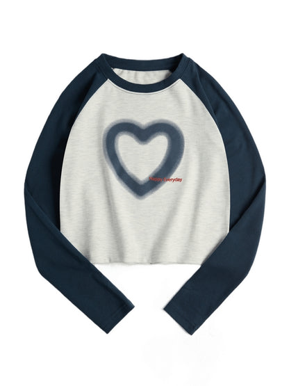 Blurred Heart Print Raglan Long Sleeve Tee