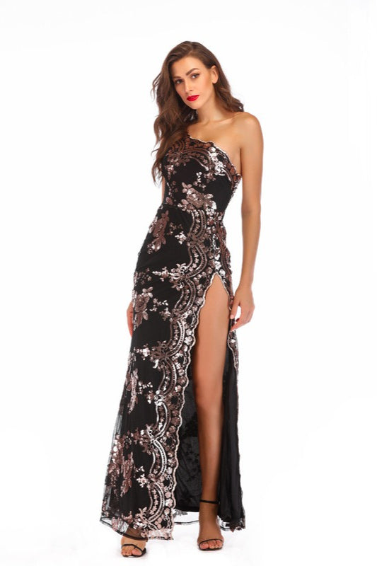 One-Shoulder Sequin Embroidered Mesh High Slit Bodycon Floor-Length Gown