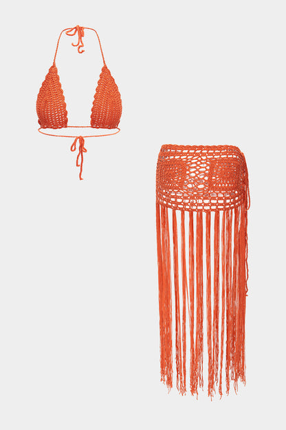 Knit Hollow Out Halter Neck Tie-Up Tank Top And Fringe Skirt Set