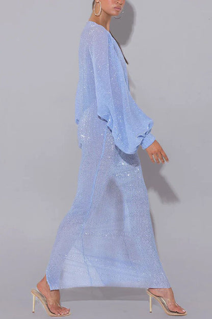 Modern Elegance Sequin Sheer Long Relaxed Sleeve Ruched Drape Maxi Dress