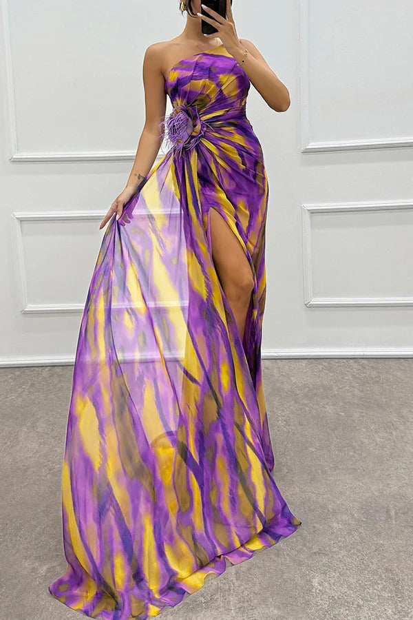 One-Shoulder Ruched Feather Floral Accent Marble Print High-Slit Maxi Gown