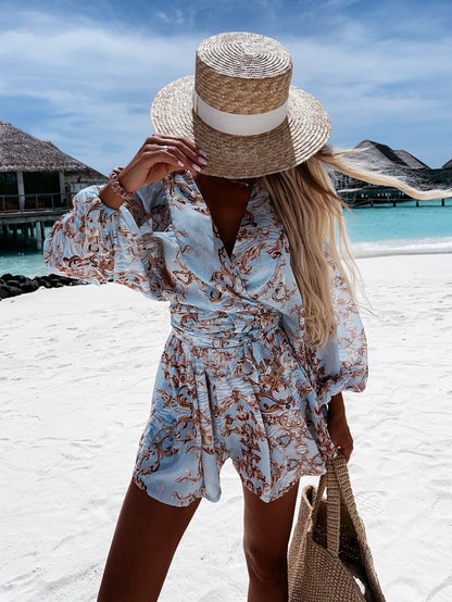 Loose Romper Printed V-Neck Lantern Sleeves Belted Casual Resort Jumpsuit