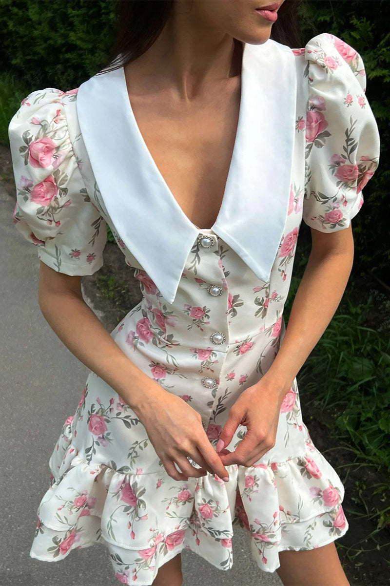 Floral Print Oversized Pointed Collar Puff Sleeve Button Front Tiered Mini Dress