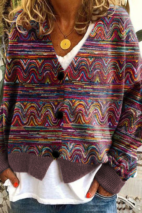 Fun and Chic Long Sleeved Cardigan with Fun Printed Buttons