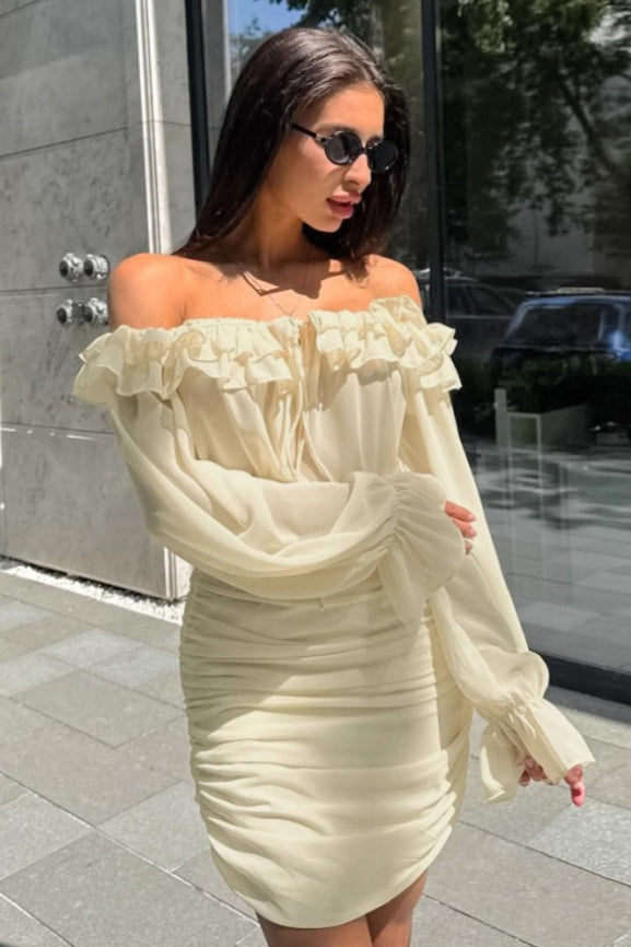 Off Shoulder Ruffle Trim Tie Front Lantern Sleeve Ruched Skirt Two Piece Set