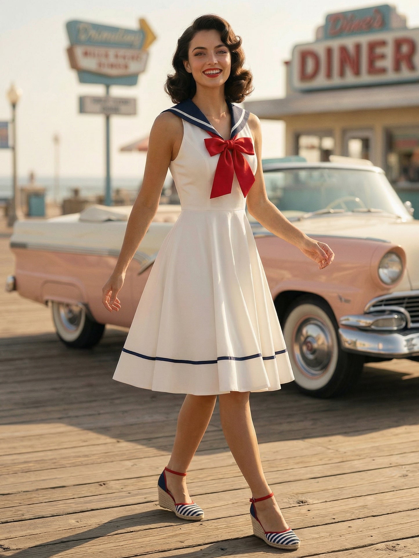 Sailor Collar Bow Knot Sleeveless Retro Swing A-Line Dress For Women 2026