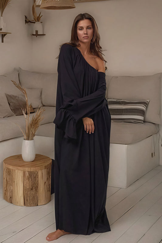 | Solid Loose Slouchy Flared Hem Maxi Dress