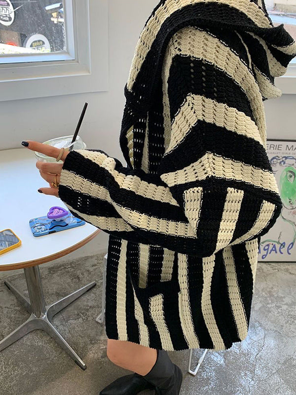 Knit Contrast Color Stripe Hooded Cardigan