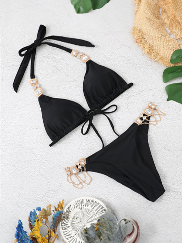 Solid Gem Engraved Halter Tie Back Bikinis