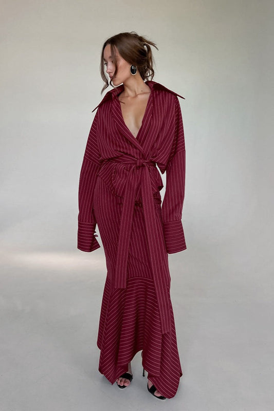 | Striped V-Neck Tie Fitted Waist Maxi Dress