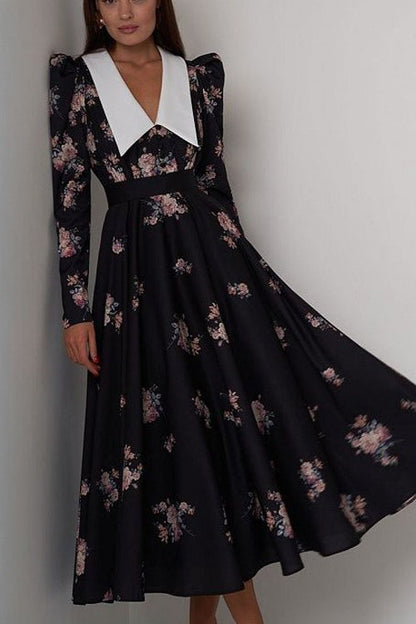 Pointed Collar Puff Shoulder Long Sleeve Cinched Waist Floral Midi Dress