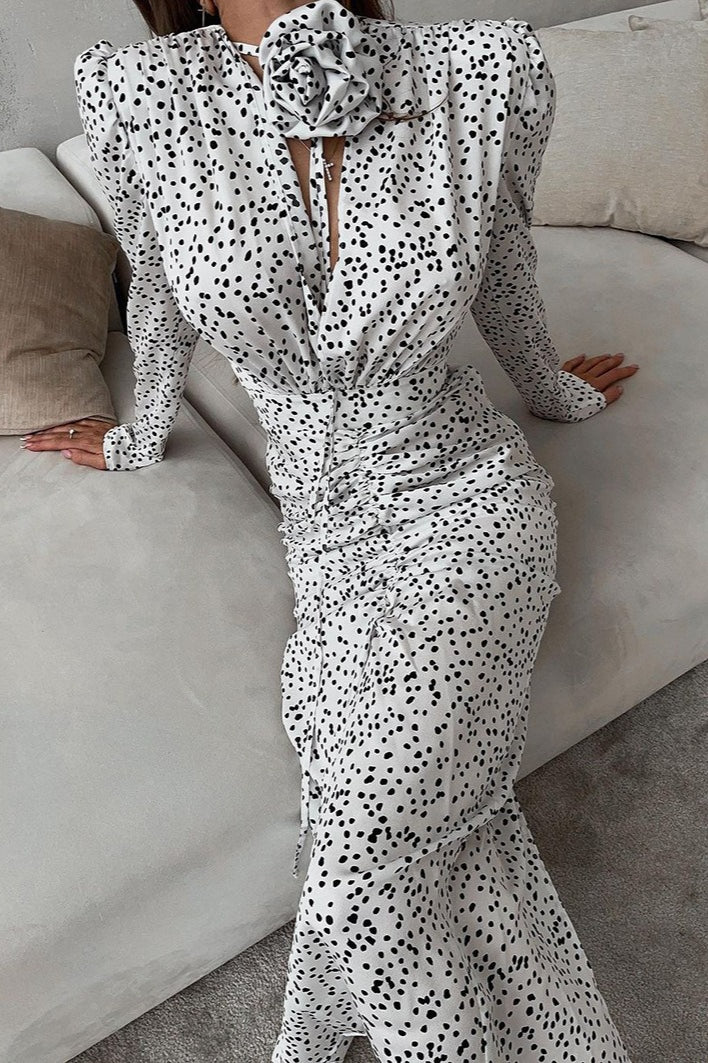 Polka Dot Print Rosette Neck Ruched Front Puff Shoulder Long Sleeve Midi Dress