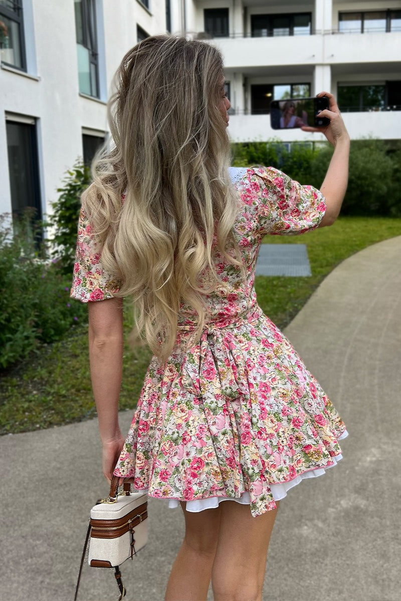 Floral Print Oversized Eyelet Lace Collar Puff Sleeve Tiered Hem Mini Dress