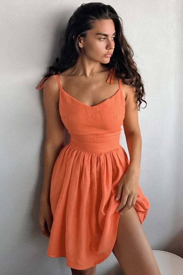 Tie Shoulder Spaghetti Strap V Neck Pleated Linen Blend Flare Mini Dress
