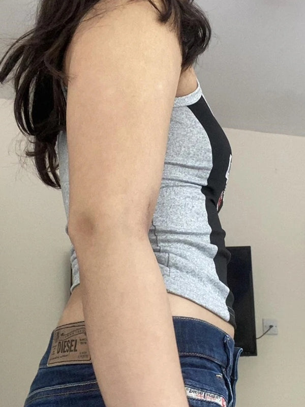 Contrast Splice Letter Embroidery Cami Top