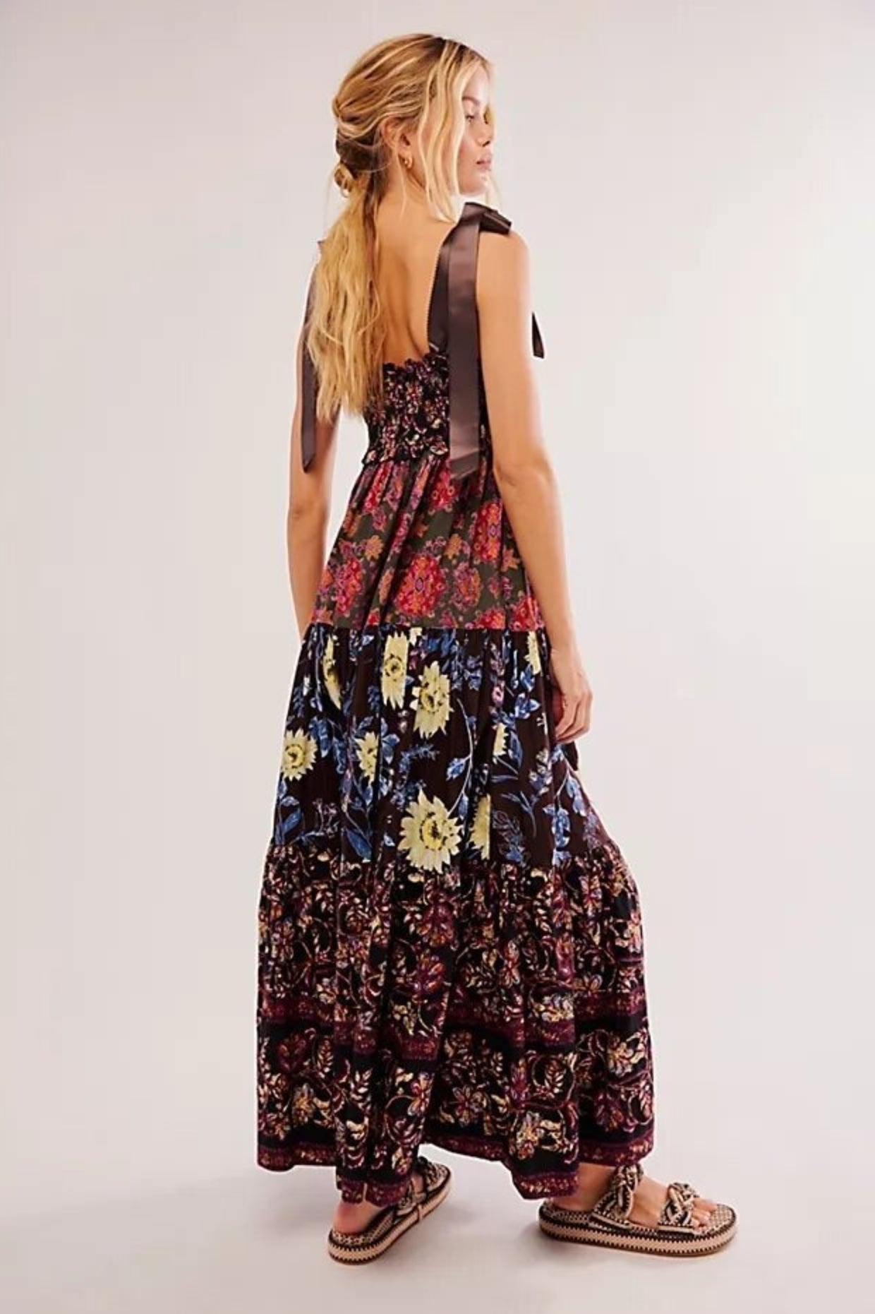 Smocked Sweetheart Neck Tie Shoulder Tiered Floral Paisley Maxi Dress