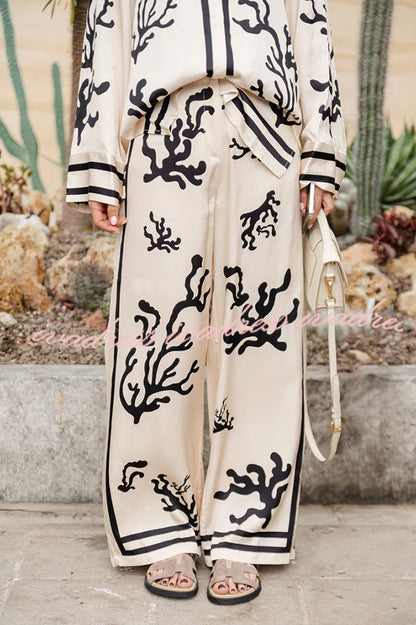 Light and Comfortable Satin Unique Print Elastic Waist Pocketed Wide Leg Pants