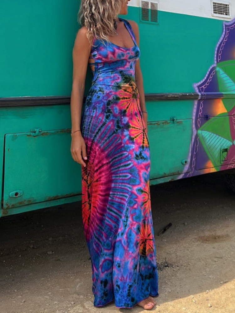 Scoop Neck Spaghetti Strap Tie Dye Sunburst Print Backless Maxi Dress
