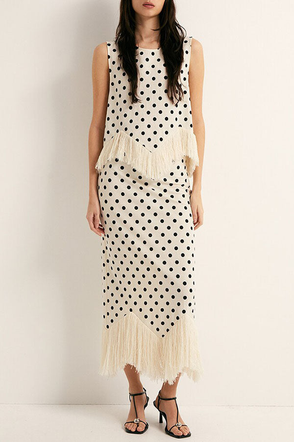 Verrah Linen Blend Polka Dot Print Tassel Trim Loose Tank